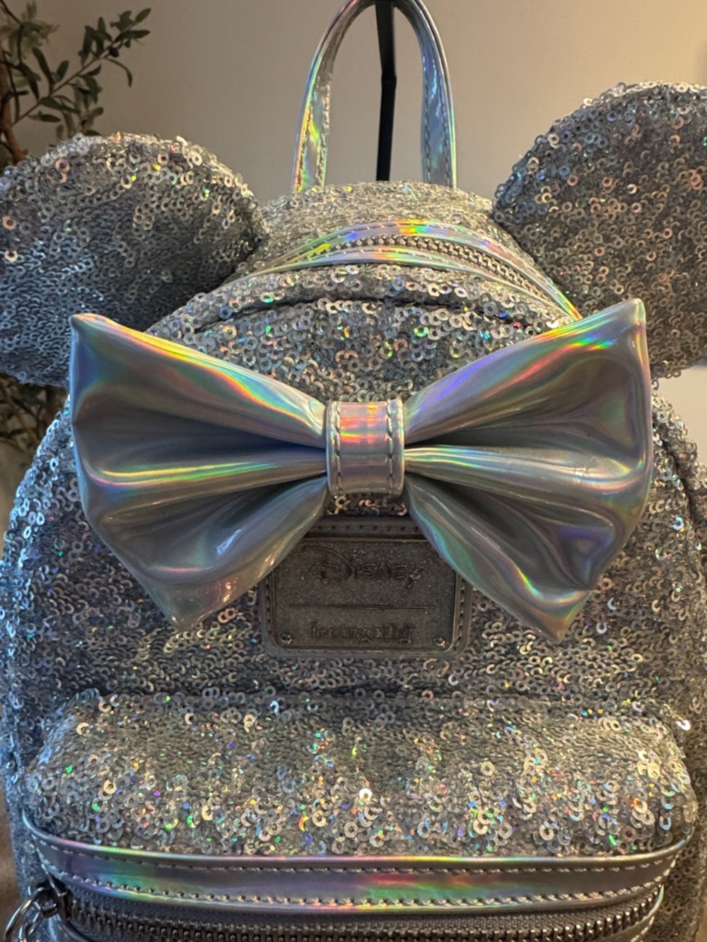 Disney Silver Sequin Mini Backpack with Holographic Bow and Ears - Picture 6 of 13